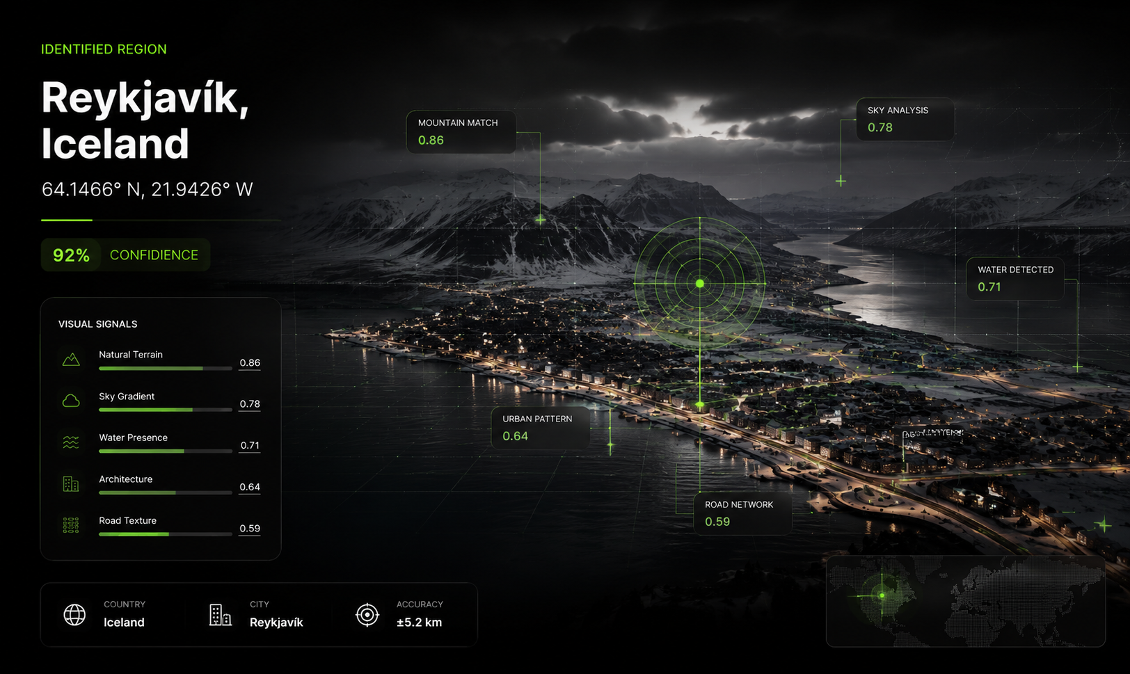 Illustration of a landscape result: an aerial view of a coastal town below snowy mountains, annotated with a place name, coordinates, and visual signal labels.